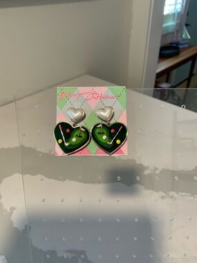 Betsey Johnson Green Enamel Heart Drop Earrings with Pearl Tops